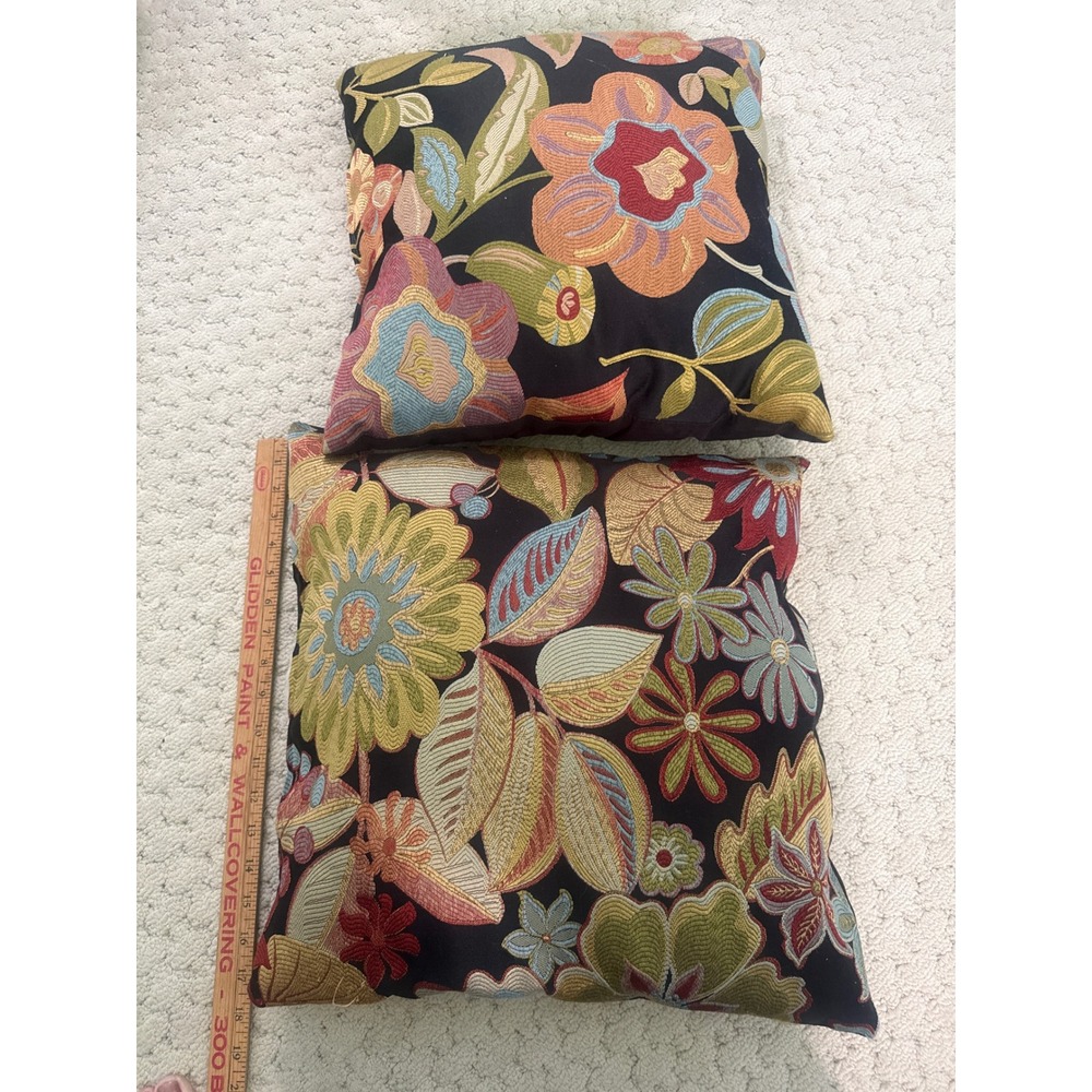 Set of 2 Floral Throw Pillows Black Multi-Color Square 17x17 Accent